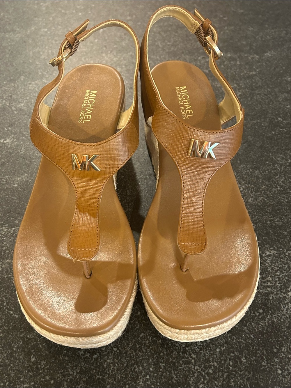 Michael Kors Tan Brown Platform Espadrille Thong Sandals